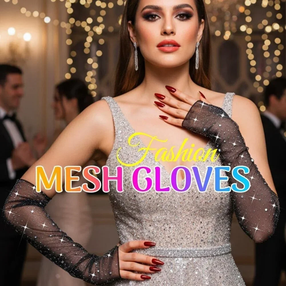 Women's Sparkly Rhinestone Long Gloves Fingerless Mesh Elbow Length Arm Sleeves